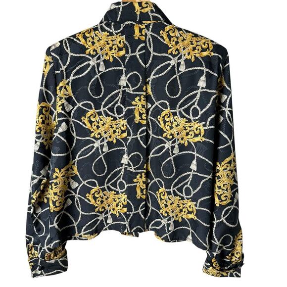 Vintage Pierre Cardin Black Gold Printed Button Up Blouse Cropped Long Sleeve, 6 - Picture 9 of 11